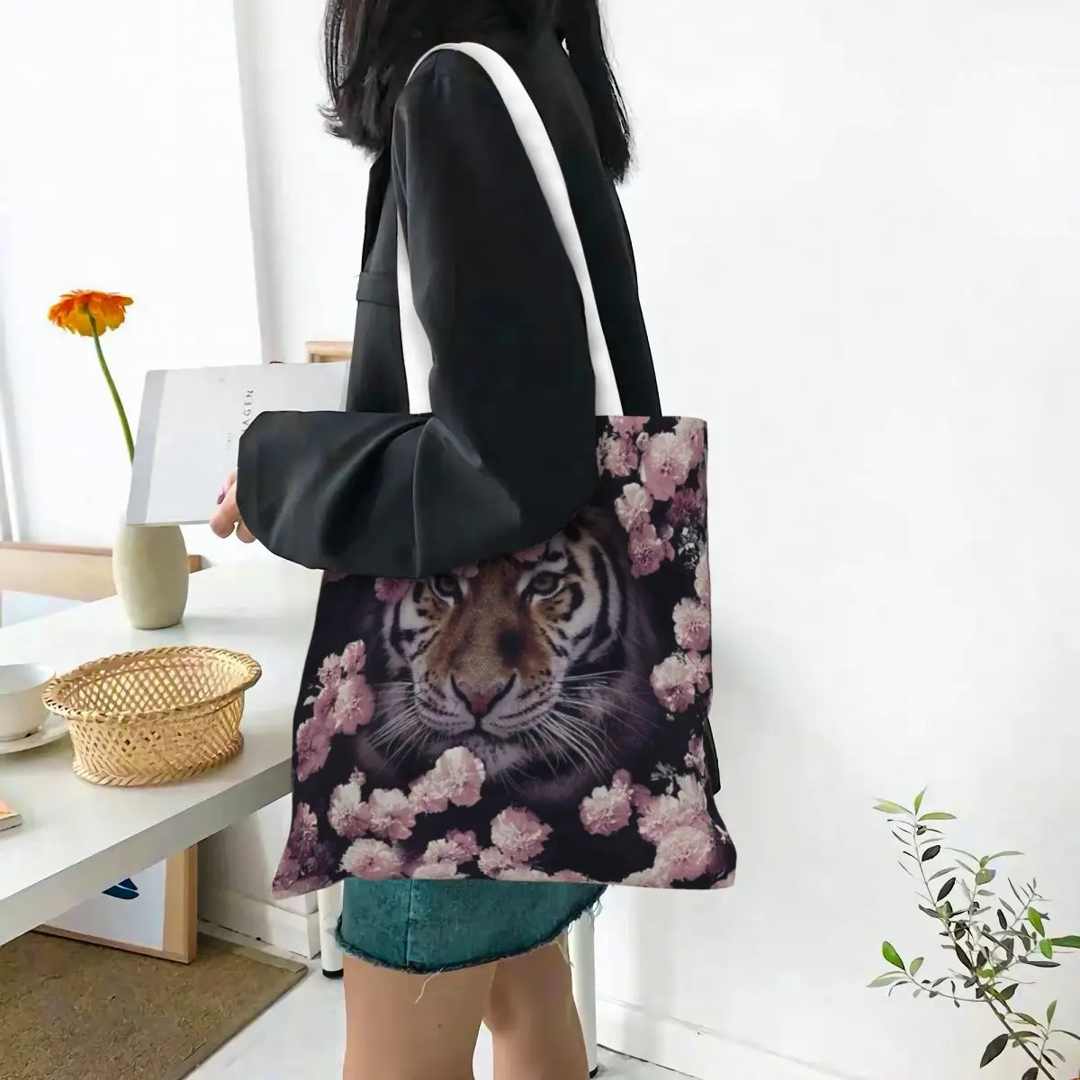 Tiger Wallpaper Flower Nature Canvas Tote Bag Reusable Large Capacity Grocery Bags for Women Men