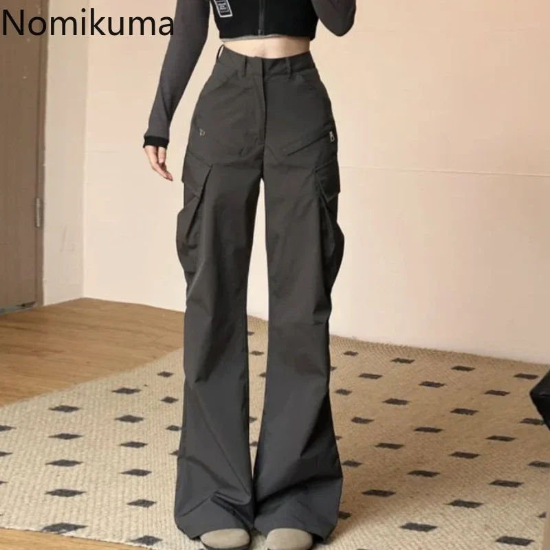 Korean Cargo Pants for Women High Waist Pockets Casual Fashion Trousers 2024 New Bottoms High Waist Black Vintage Pantalon Femme