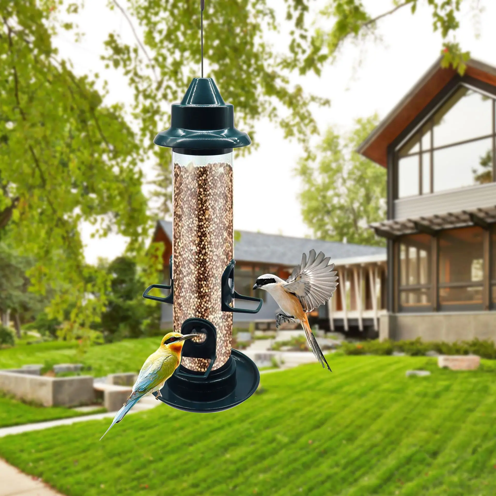 

Bird Feeder for Outdoors Hanging Squirrel Proof Wild Bird Seed Feeder with 4 Feeding Ports Plastic Finch Feeder for Garden Yard