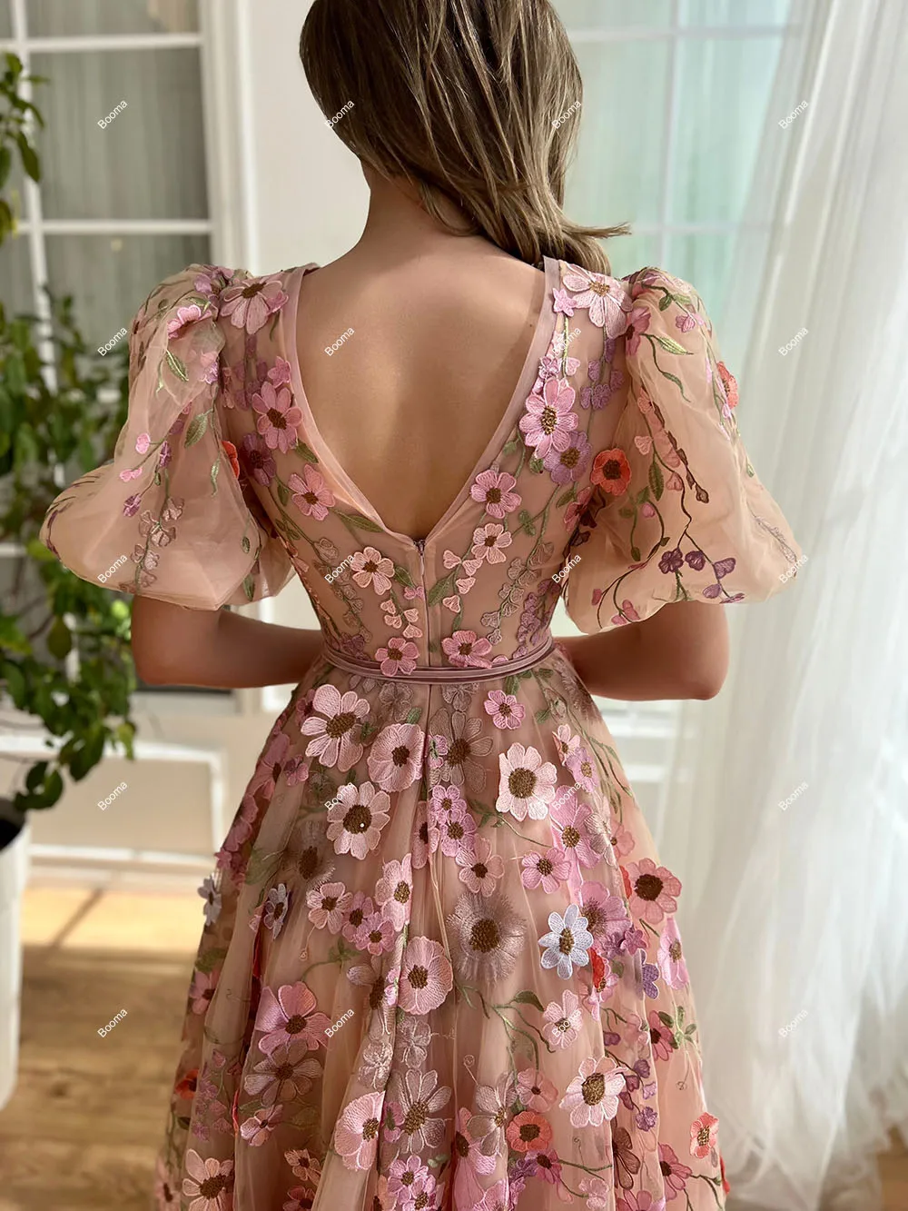 Booma Embroidery Lace Long Prom Dresses Deep V Neck Short Sleeves Graduation Party Gowns A-Line Floral Evening Dress