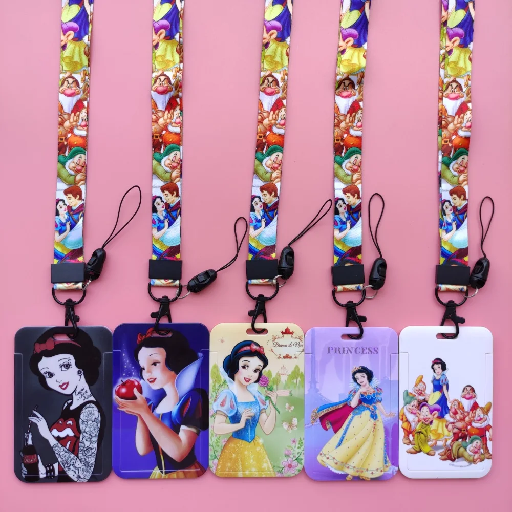 Disney Princess Snow White Card Holders Lanyards Cartoon Women Card Case ID Badge Holder Girl Credit Cardholder Retractable Clip