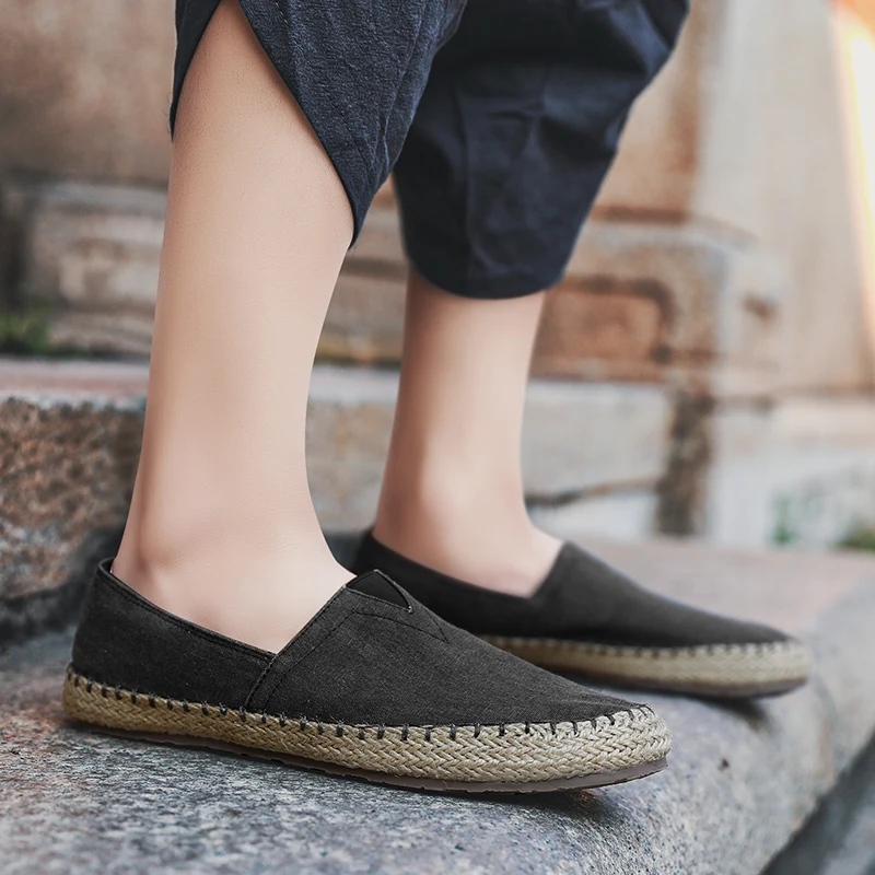 Alpargatas para hombre, zapatos planos de lona de cáñamo, zapatos de lino cosidos para hombre, mocasines sin cordones, zapatos casuales de talla grande, calzado de conducción de pescador