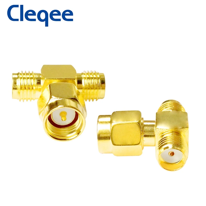 Cleqee T Type SMA Male Plug to 2 SMA Female Jack Adapter RF Coaxial Connector 3 Way Splitter Antenna Converter Gold-Plated Brass