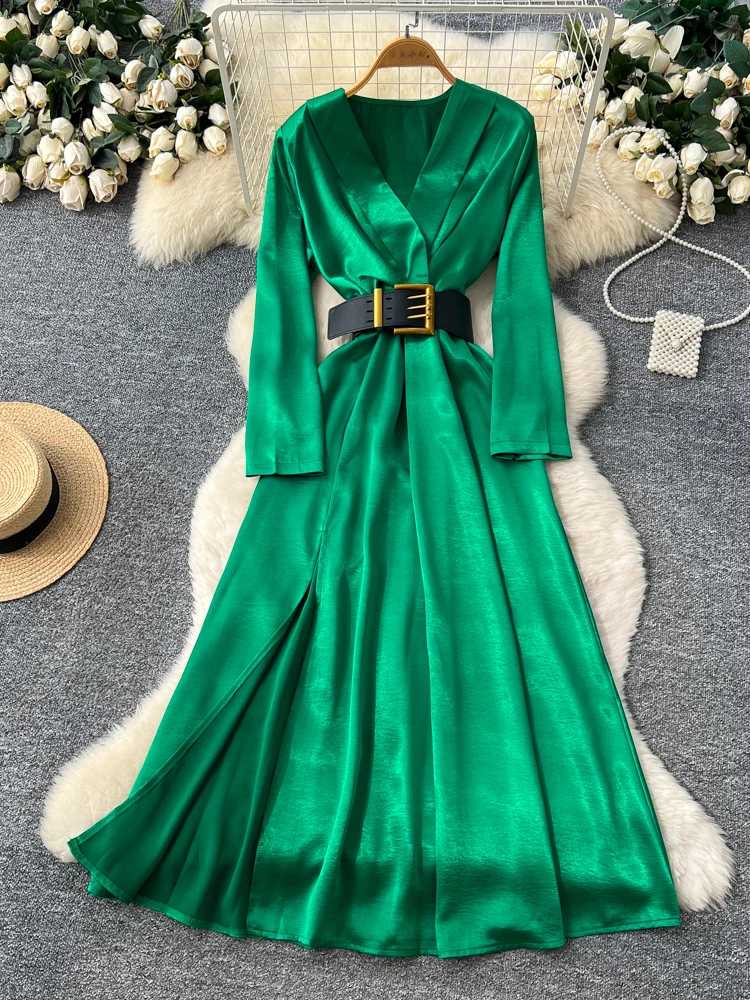 エレ レディース ロング ドレス 2025 秋新作 ハイエンド感 ベルト付き ウエスト Vネック スリット入り サテン Aラインスカート 通勤