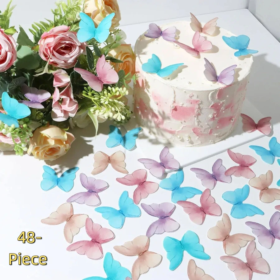 A pack of 48 paper butterfly cake decorations—perfect for adorning birthday cakes and cupcakes. Crafted from delicate wafer paper, this set features 48 exquisite little butterflies in soft, gentle hues, making them the ideal choice for adding a charming t