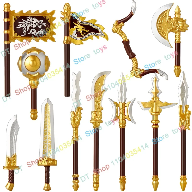

Popular hero ornament golden sword flag Guan Gong knife Zhang Fei spear building block accessories children's toys PJD60-71