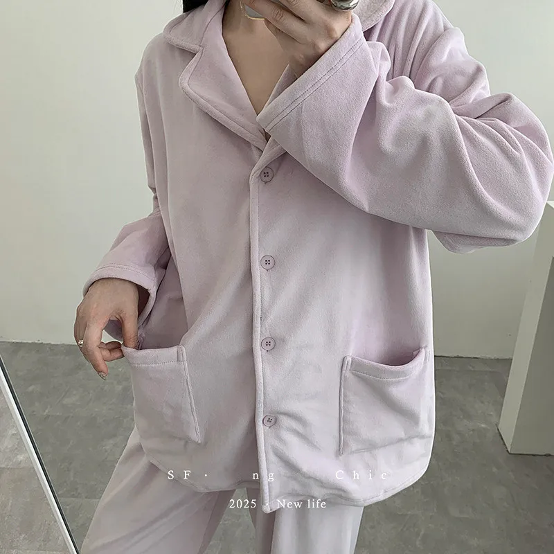 

Плюшевые флисовые женские пижамы со штанами, теплая утепленная зимняя одежда для сна, корейская ночная рубашка, домашний костюм, пижамы с карманами