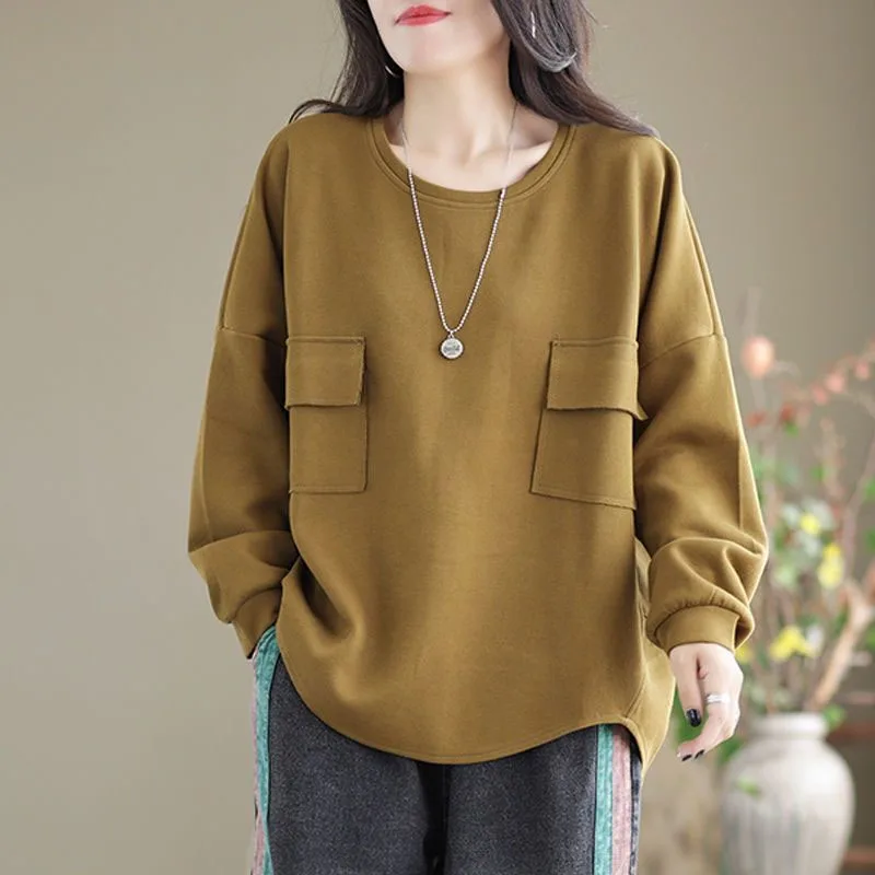 Spring and Autumn Fashion Trend Lazy Patchwork Pocket Round Neck Large Loose Versatile Simple Casual Women\'s Long Sleeve Sweater