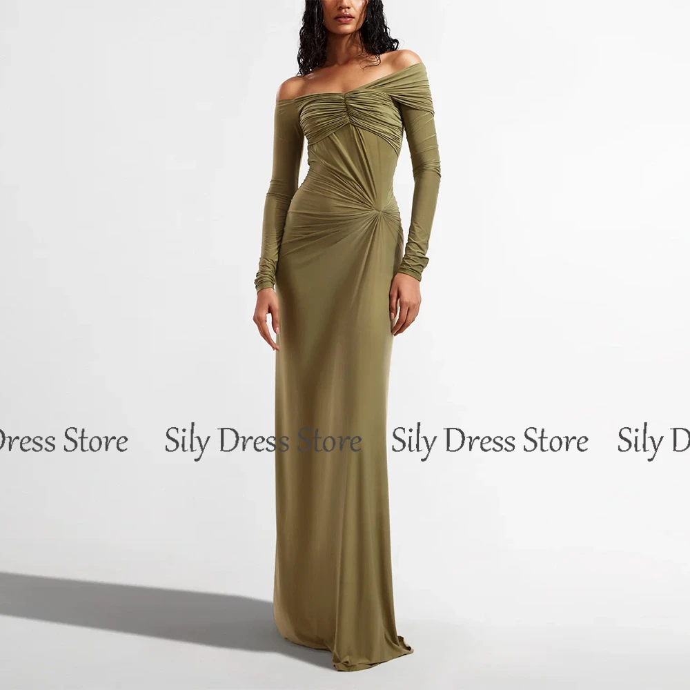 Classic Muslim Women's Evening Dresses Spandex Sheath/Column Clubbing Gown Blackish Green Off-the-shoulder Pleat Prom Dress Long