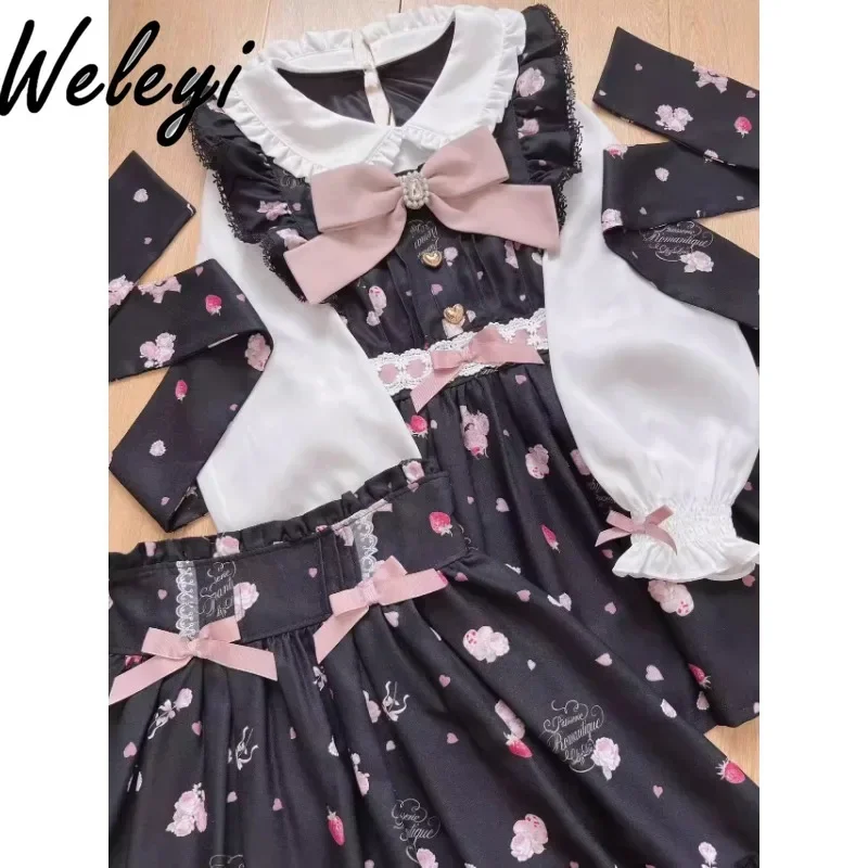 Lolita Bow Aardbei Bedrukte Rokken Pak Japanse Lente en Zomer Zoete Massa Geproduceerde Mijn Chiffon Peter Pan Kraag Rok Set