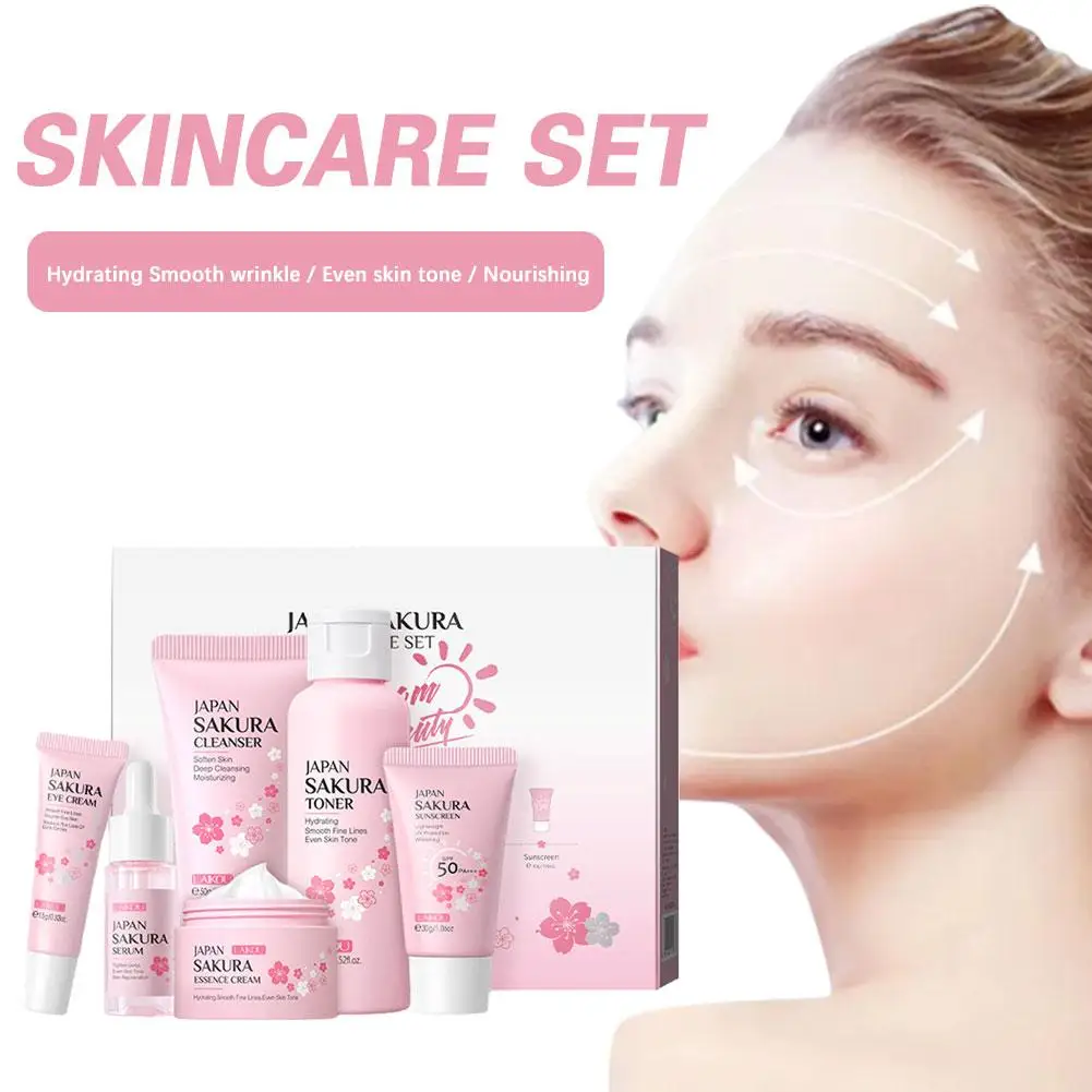 6 unids/set conjunto de cuidado de la piel Facial limpiador Sakura esencia blanqueamiento suero Facial crema hidratante y tóner de ojos antienvejecimiento D9S8