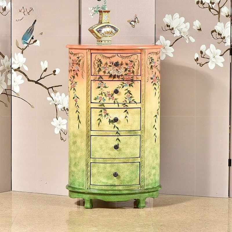 American rural oval chest of drawers gradual change painted flower and bird household side cabinet