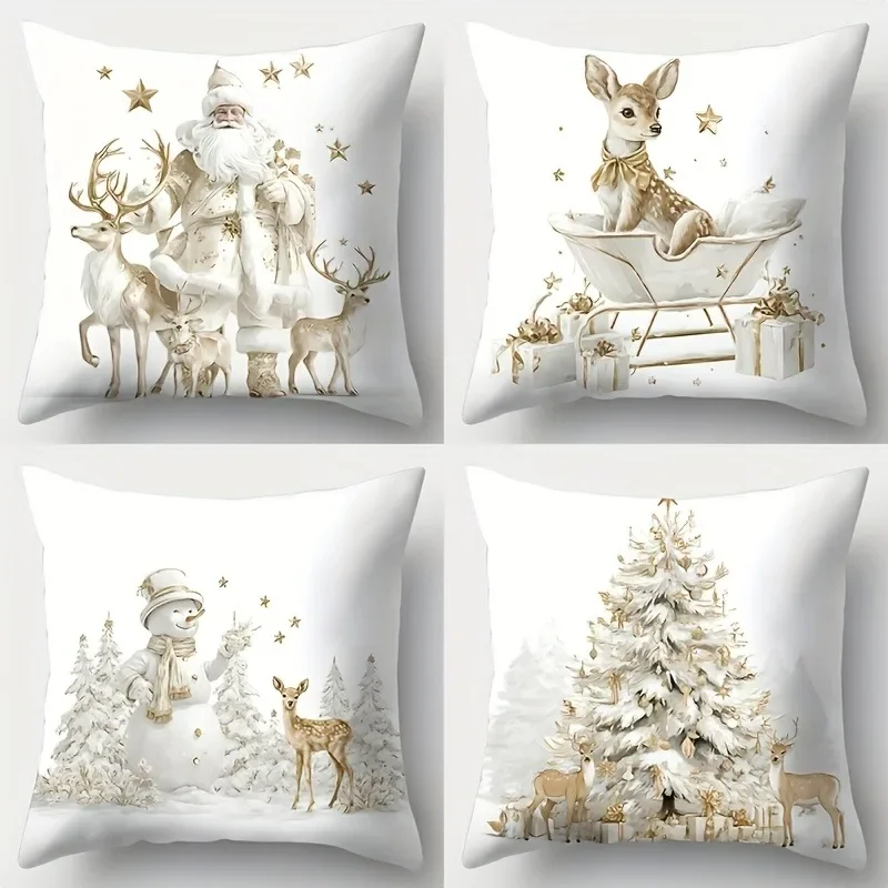 4 Pcs Christmas Pillow Covers, Double Sided Printed Cushion Cases, Elk Sleigh Christmas Tree Pattern, Throw Pillowcases For Sofa