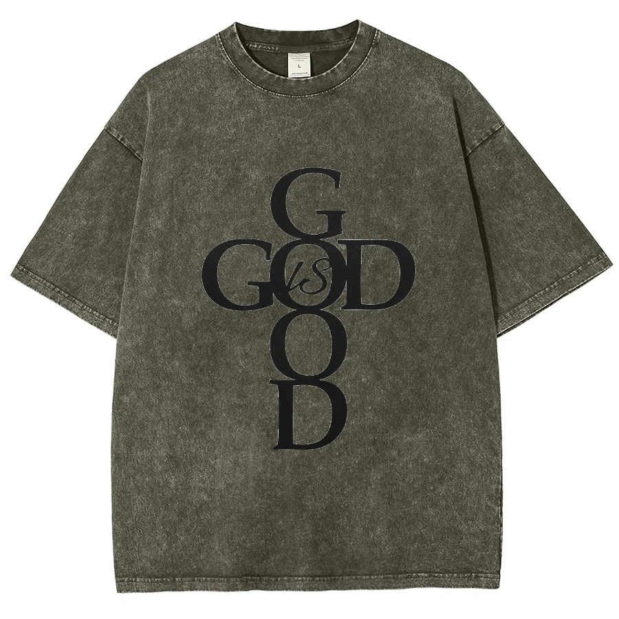 God Is Good Y2k Short Sleeves Washed T-Shirt, Creative Printed Unisex Vintage Streetwear New Fashion Casual Tops Plus-Size