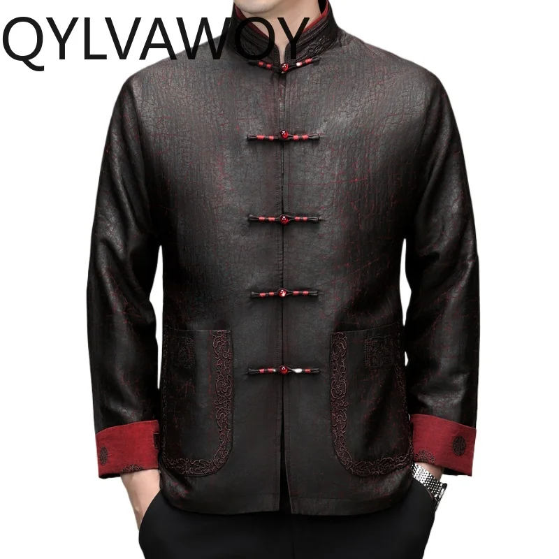 QYLVAWOY 100% Real Mulberry Silk Men's Shirts High-end Tops Long Sleeves Shirts Detachable Wool Liner Chinese Shirts for Man