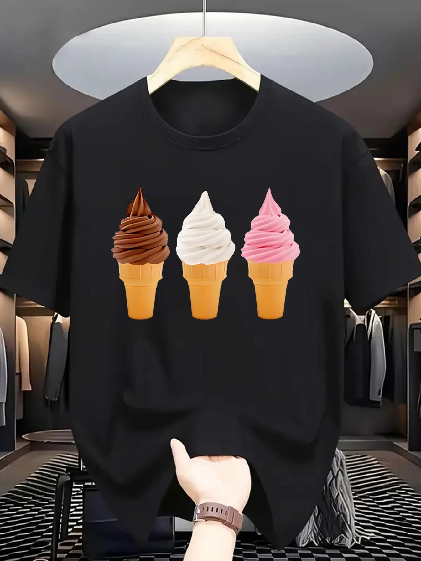 Colorful Ice Cream Cone Graphic Men T Shirt Sweet Dessert Cartoon Short Sleeve Crew Neck Cotton Tee Street Casual Daily Wear Top