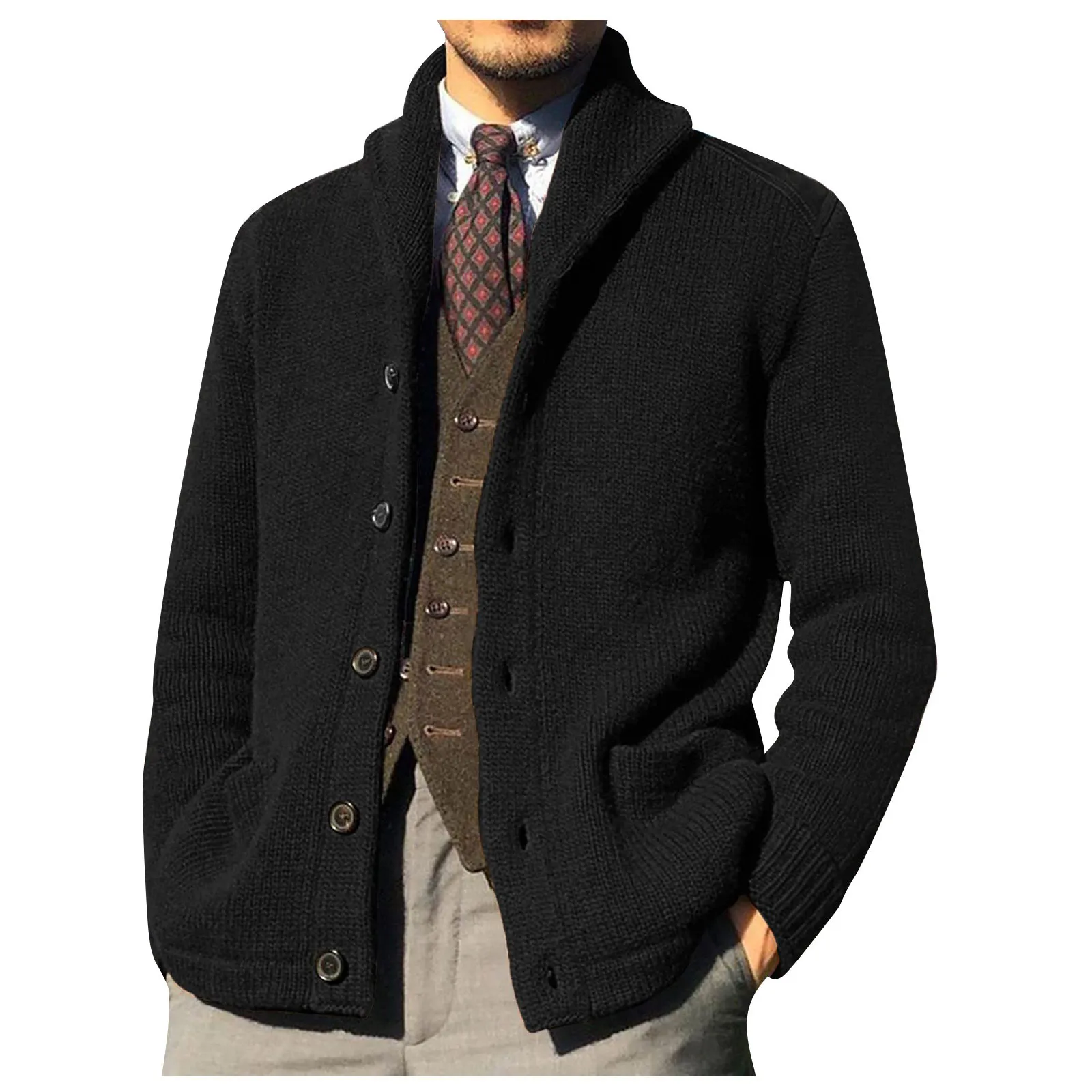 Cardigan pour homme, châle décontracté, manches longues, boutons solides, pull en tricot, couleur unie, col roulé, sweat-shirt en laine, hiver, extérieur