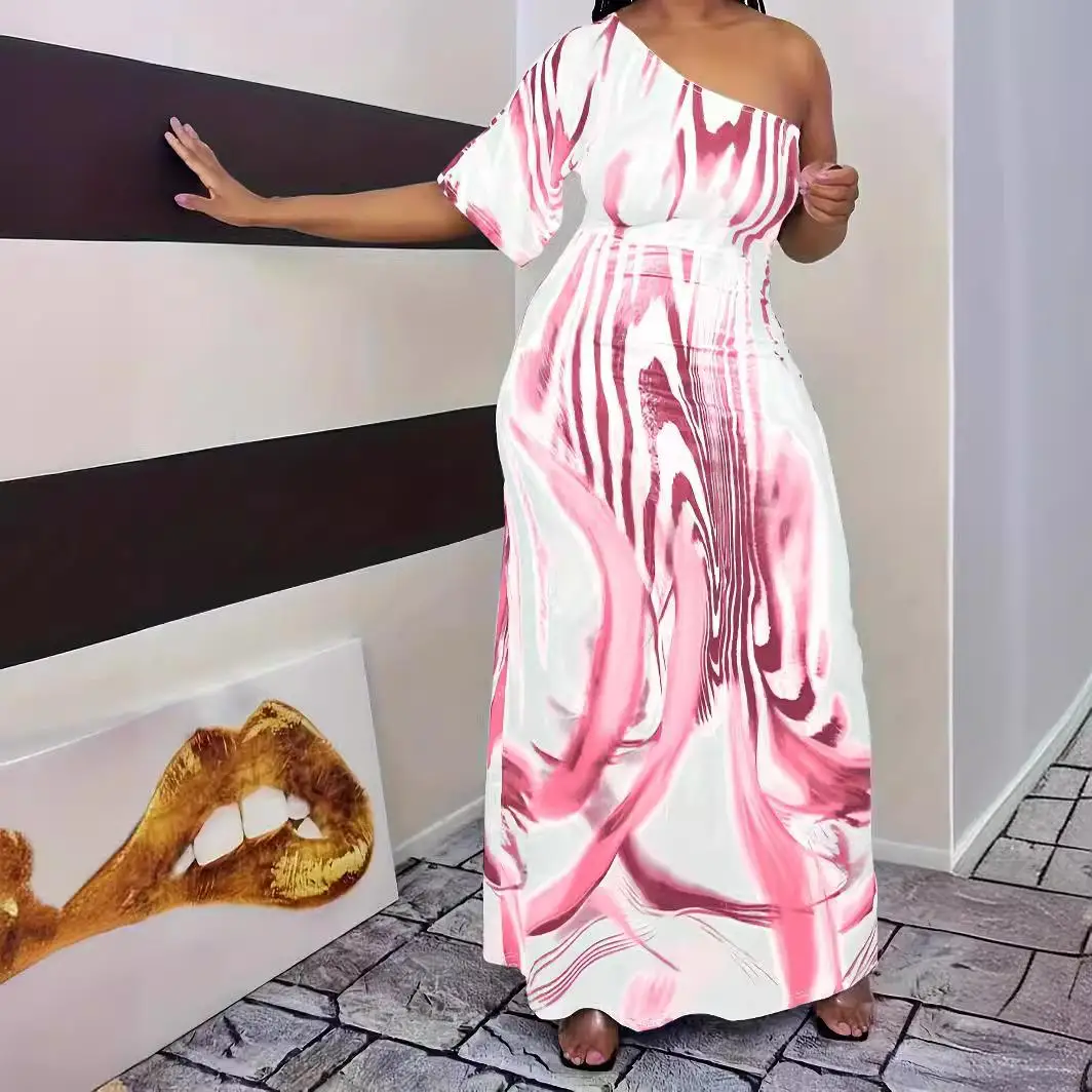 

Milk White Printed Off-oulder plus Size Dr Polyester Fiber Long Skirt without Sve Busin Outdoor Commute Sle