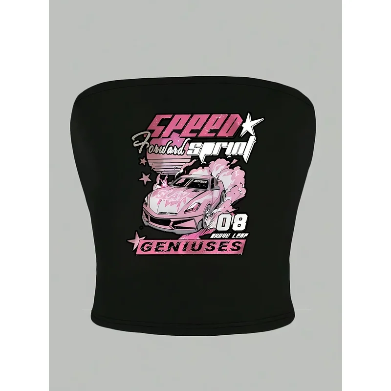 Speed Sprint Pink Racing Car Graphic Tube Top Women Y2K Streetwear Black Strapless Bandeau Crop Top