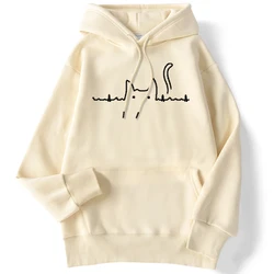 Sporty Women's Hoodie Cat Tail Electrocardiogram Kawaii Printing Pullover Loose Strecth Pocket Sweatshirts Streetwear Clothing