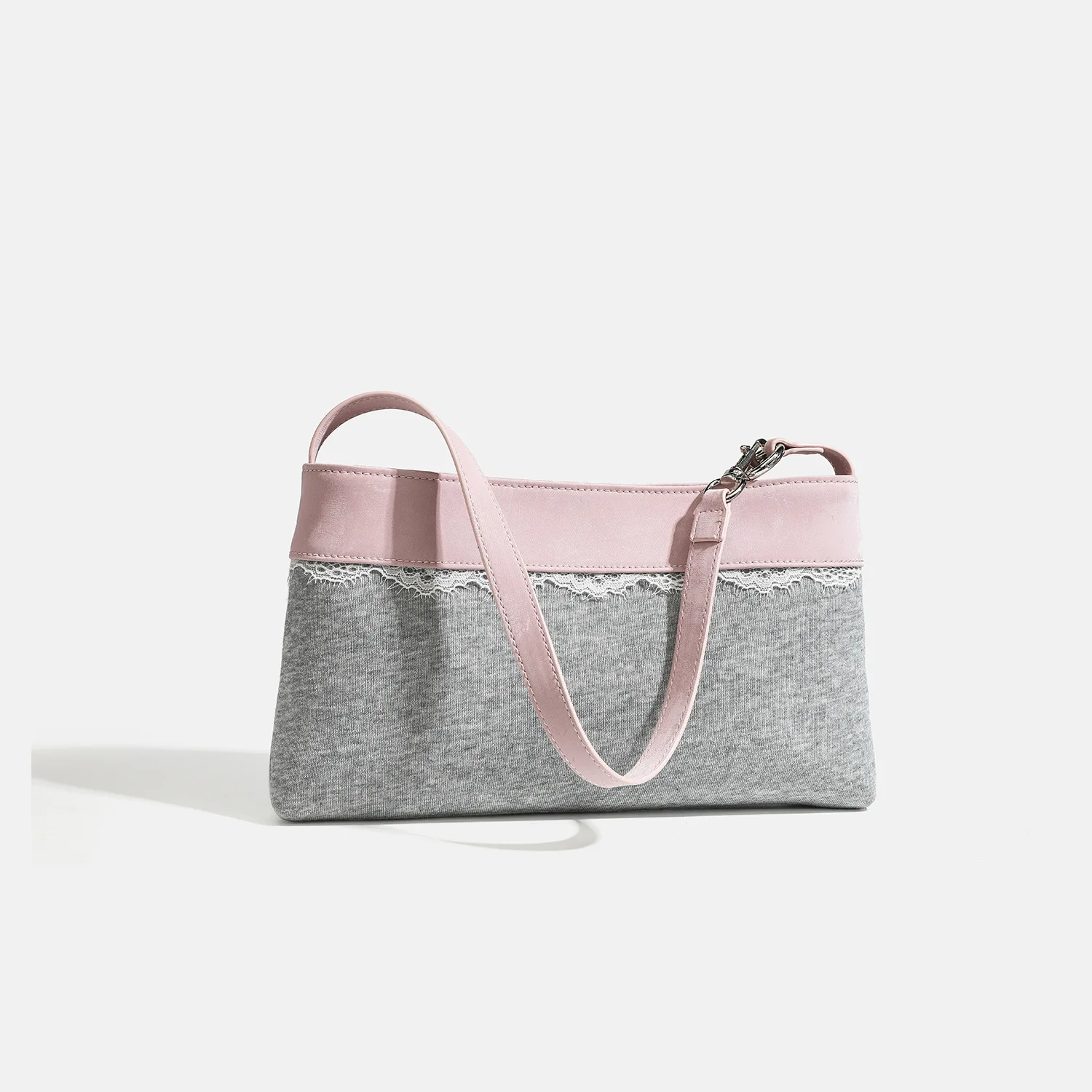 New Gray-Pink Contrast Stitched Lace Single-Shoulder Square Bag—Versatile Commuter Bag with Large Capacity, Canvas Underarm Bag
