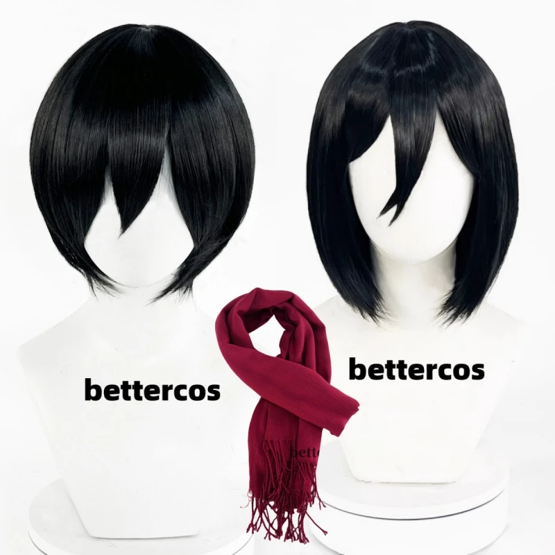 Wysokiej jakości Anime Mikasa Ackerman peruka do cosplay czarne żaroodporne włosy syntetyczne impreza z okazji Halloween peruki + czapka z peruką
