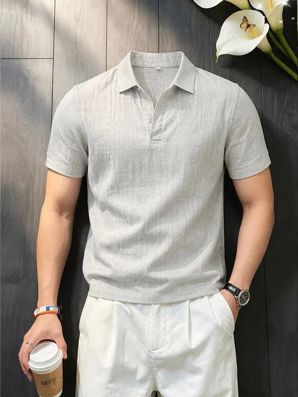 Lightweight Breathable Ice Silk  Shirt Short Sleeve Men Summer Deep Grey Old Money Style Loose Fit Comfortable Flip Collar