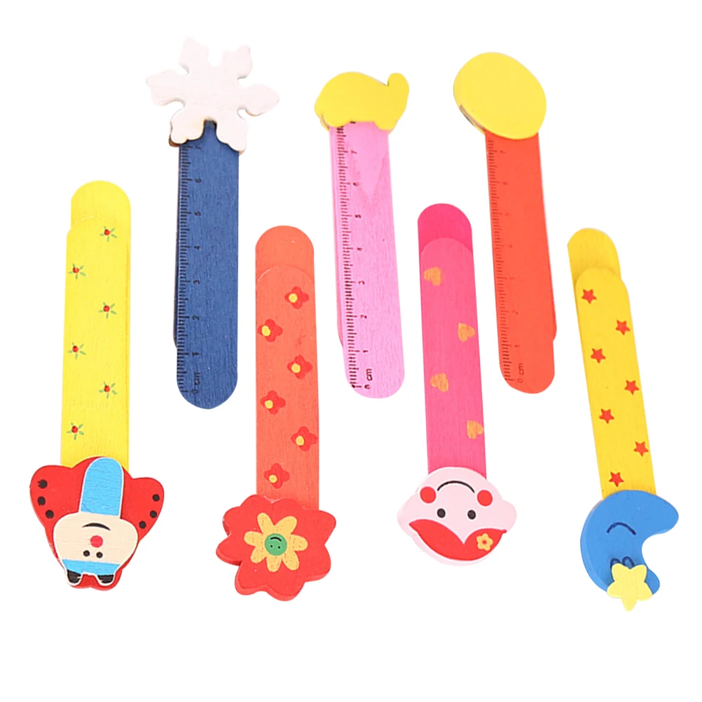 10Pcs Wooden Bookmarks Cartoon Style Mini Rulers for Kids Students Colorful Lovely 10x3cm Wooden Bookmark Birthday Party 