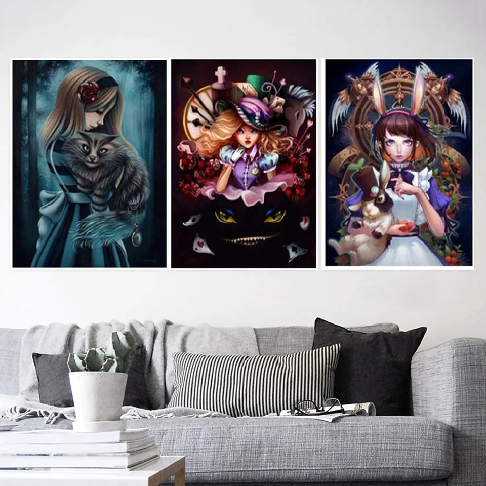 AB ภาพวาดการ์ตูนรูปหัวกะโหลกหญิงสาวที่ติดเพชรรูปอลิซในดินแดนมหัศจรรย์5D งานปักครอสติชแมวงานปักทรงกลมแบบ DIY ศิลปะโมเสค