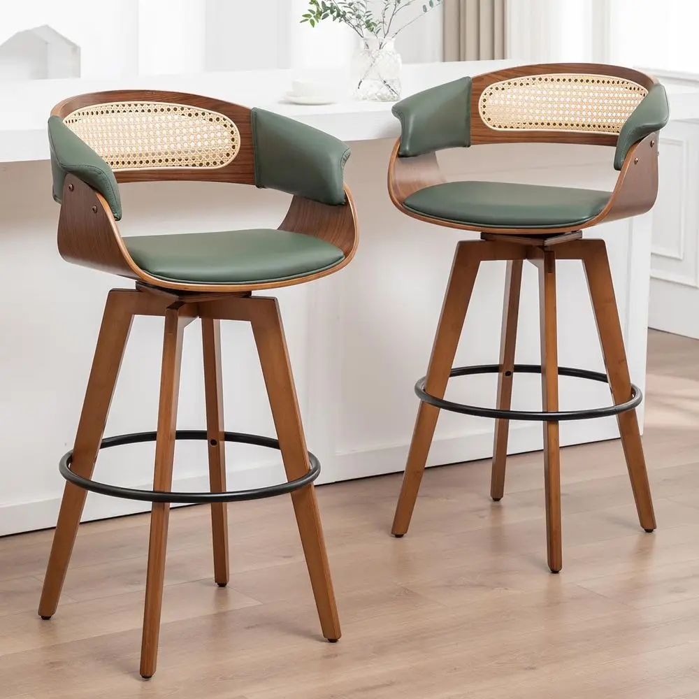 

of 2 Rattan Swivel Counter Stools 26.4 inch Mid Century Modern Counter Stools with Cane Back, Upholstered Seat, Curved Arms, Ba