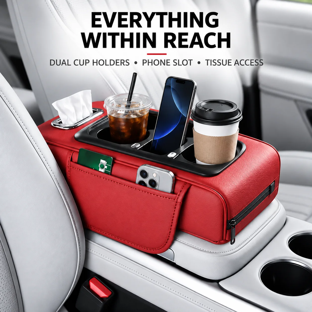 Car Center Console Armrest Storage Box with USB Charging Port, Booster Pad Tissue Holder and Water Cup Holder for Vehicles