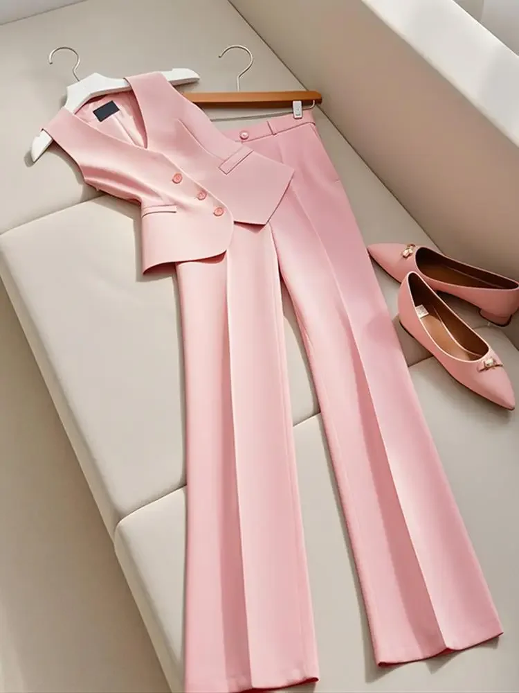 

Woman Outfit Office Lady Summer Sleeveless V-neck Vest Tops + Wide Leg Pants Suit New High Endh Korean Fashion 2 Piece Sets