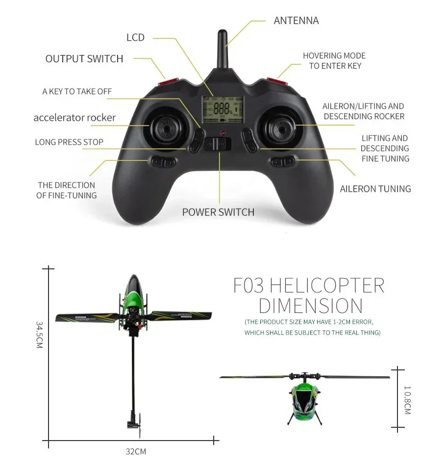 เฮลิคอปเตอร์บังคับวิทยุ NEEBRC F03 RC 6-Aixs Gyroscope 2.4G พร้อมรีโมทคอนโทรลแบบ Flybarless RTF ชาร์จผ่าน USB มอเตอร์ไร้แกน 8520 น้ำหนัก 4.3 กรัม พร้อมเซอร์โว