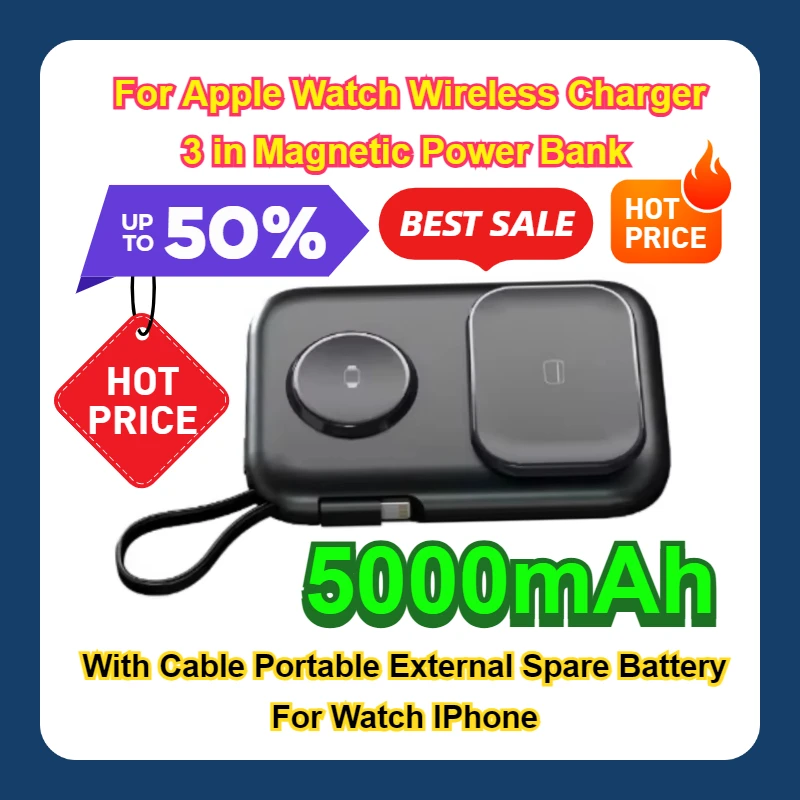 

5000mAh For Apple Watch Wireless Charger 3 in Magnetic Power Bank With Cable Portable External Spare Battery For Watch IPhone