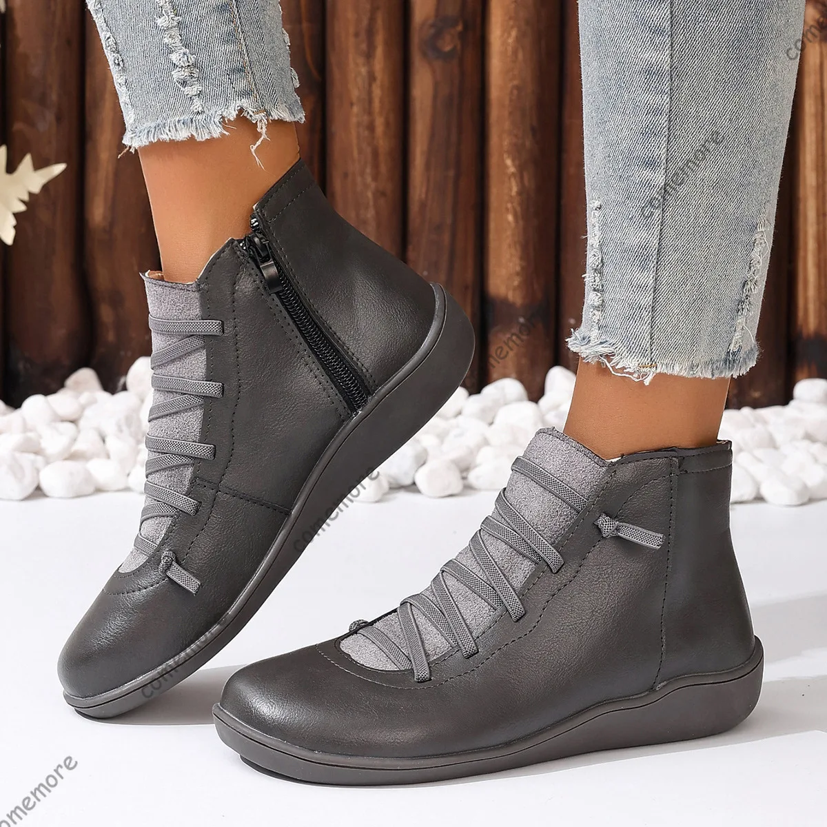 

Comemore Women Boots Autumn Flat Short Vintage Comfortable Ankle Boots Women Comfortable Roman Shoes for Women Botas De Mujer