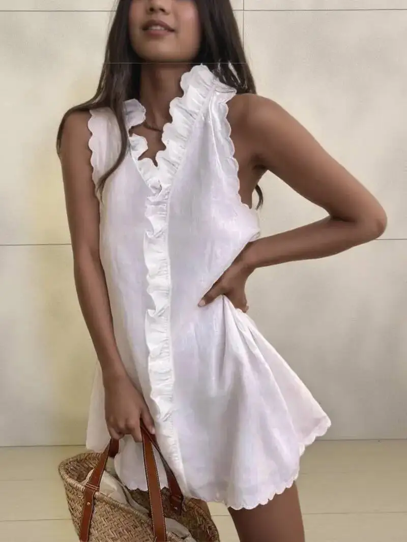 여성 캐주얼 코튼 린넨 화이트 드레스 여름 브이넥 프릴 민소매 우아한 보헤미안 비치 파티 미니 드레스 여성 로브 9HLP