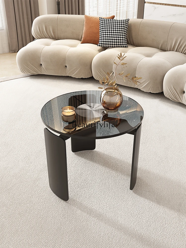 

Light luxury minimalist round tempered glass flower table small living room sofa table