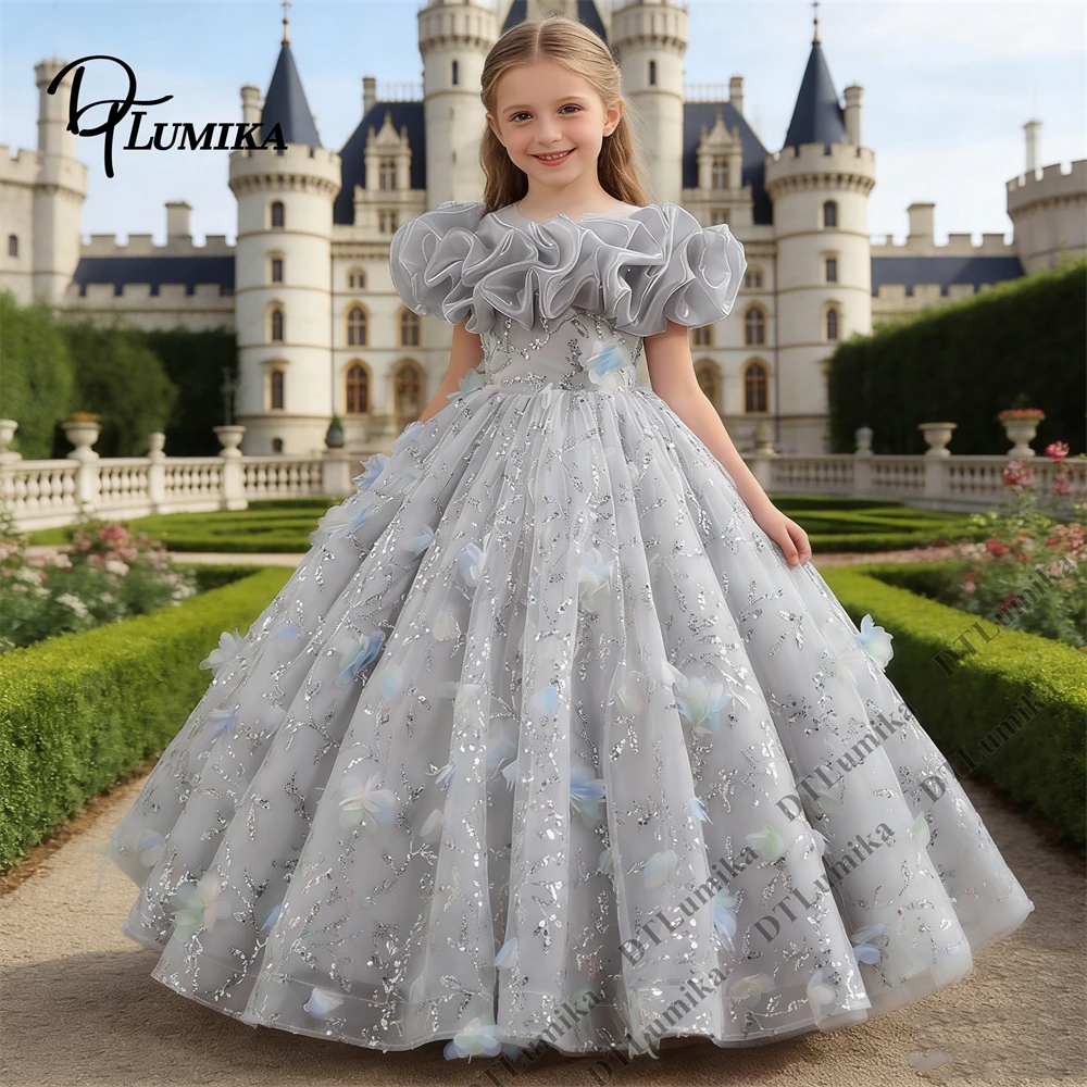 Schulterfreies Blumenmädchenkleid mit Rüschenärmeln, Pailletten & 3D-Blumenverzierungen, Funkelndes Tüll-Ballkleid für Hochzeit und Geburtstag