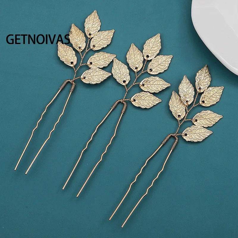 Sweet U Shape Hairpin Vintage Hair Accessories Gold Color Leaf Headdress for Bride Bridesmaid Wedding Banquet Bridal Headwear