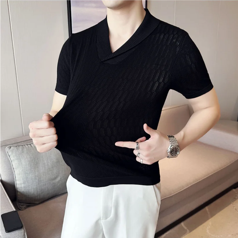 Summer Slim fit Fitness Stretch T-shirt Men Tee Tops Ice Silk Short Sleeve V-neck Knit Tee Shirt Mens Solid Color T Shirt S-3XL