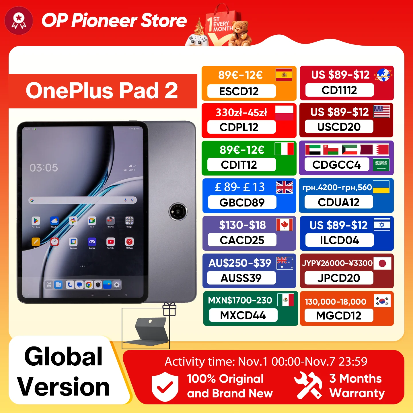 Global Version OnePlus Pad 2 Storage 12.1"Display Android Tablet Snapdragon 8 Gen 3 Processor 9510mAh Battery OxygenOS 14.1