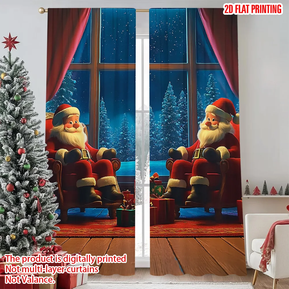 

2pcs 2D flat printing Christmas Scene Curtain Santa Claus 100% Polyester Without Electricity Festive Wall Decor Perfect for