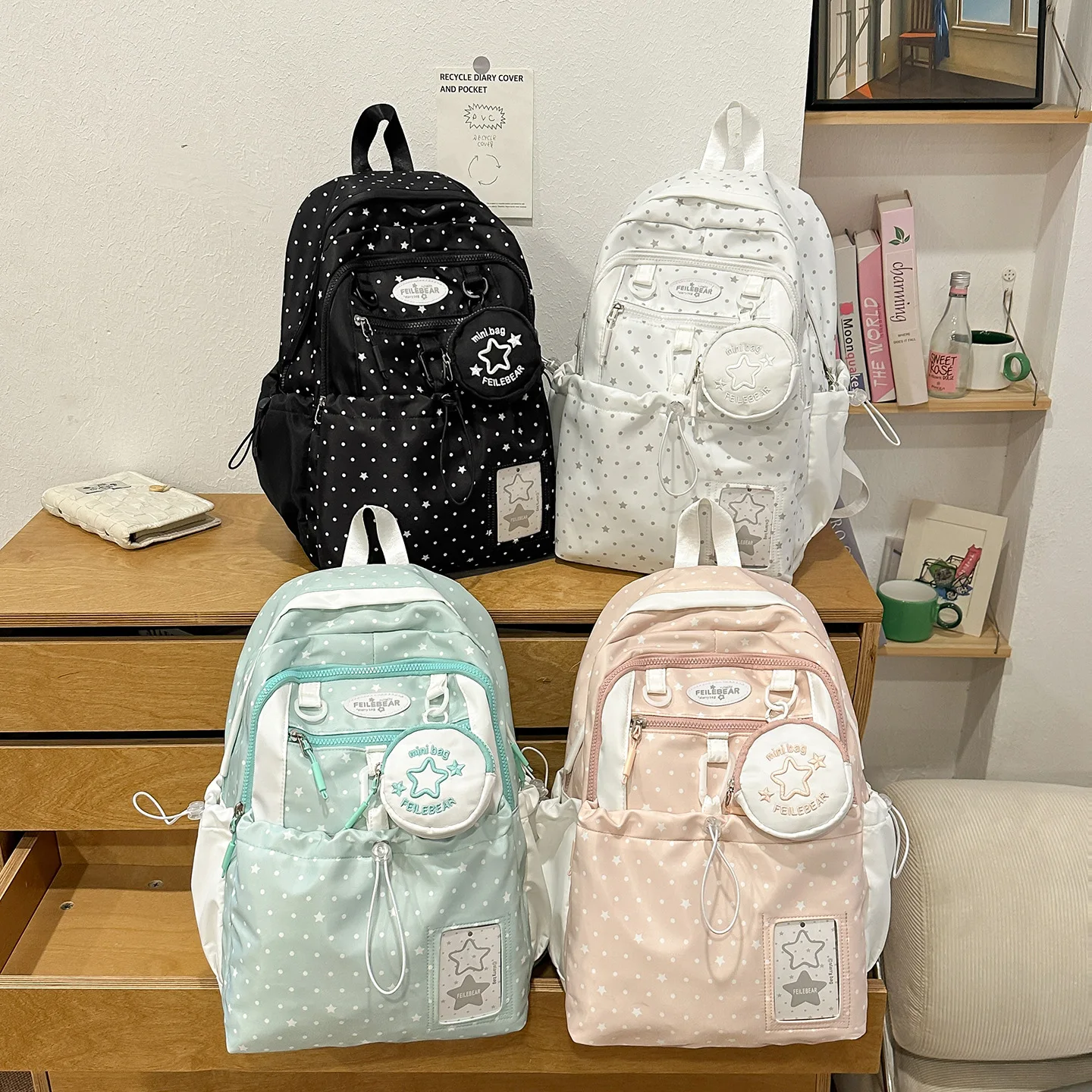 Nylon fabric lightweight student schoolbag, cute polka dot star girl large-capacity backpack, coin purse pendant