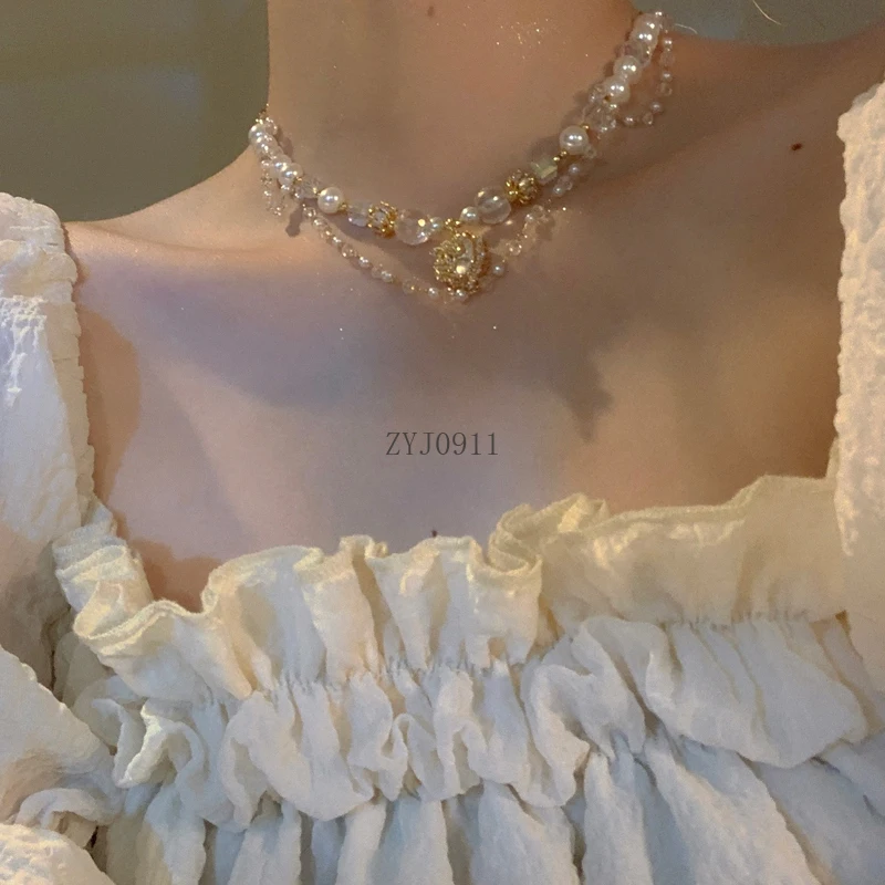 Light luxury double-layer pearl crystal love necklace, summer high-end exquisite collarbone chain for women