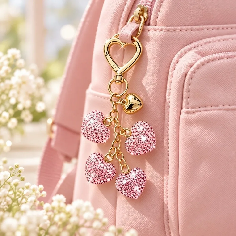Sweet Layered Crystal Heart Rhinestone Keychain Bling Diamond Handbag Charm Creative Portable Bag Pendant Gift