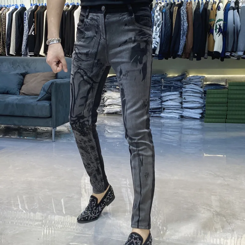 Fall Printed Skinny Slim Men Jeans Party Casual Trousers Pantalones Winter High Street Black Jean Streetwear Motorcycle Pant