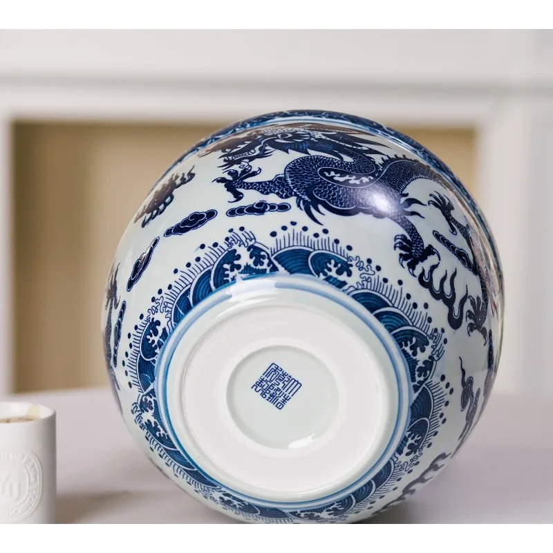 Jingdezhen Blue White Ceramic Small Fish Bowl Flower Pot Dragon Vat Feng Shui Treasure Basin Bonsai Home Living Room Art Decor