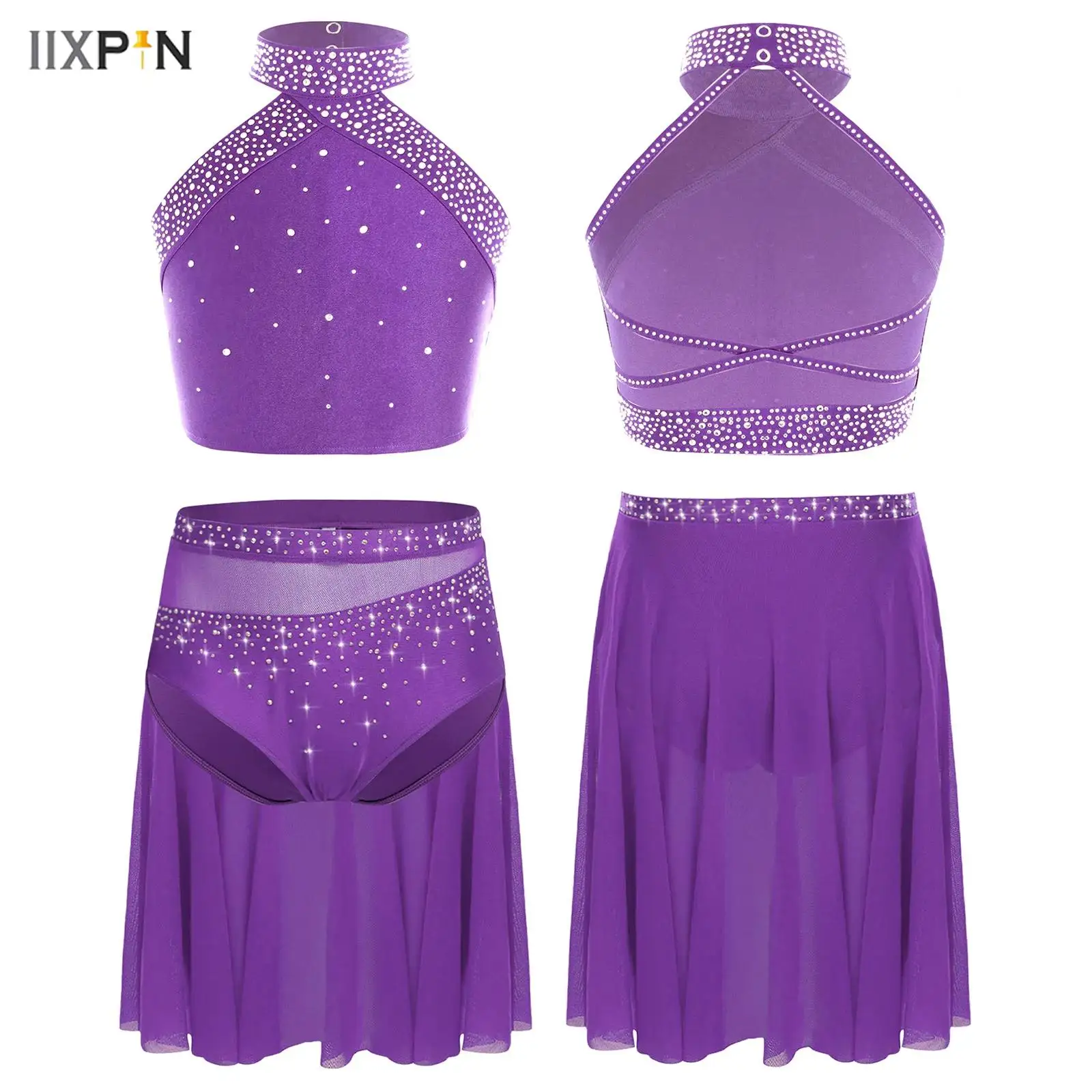 

Kids Girls Modern Lyrical Dance Performance Outfit Halter Sleeveless Backless Sparkly Rhinestones Crop Top with Sheer Mesh Skirt