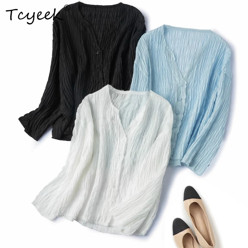 

Tcyeek 100% Mulberry Silk Summer Cardigan Long Sleeved V-neck Sun Protection Loose Solid Color Women's Shirts Женская Одежда