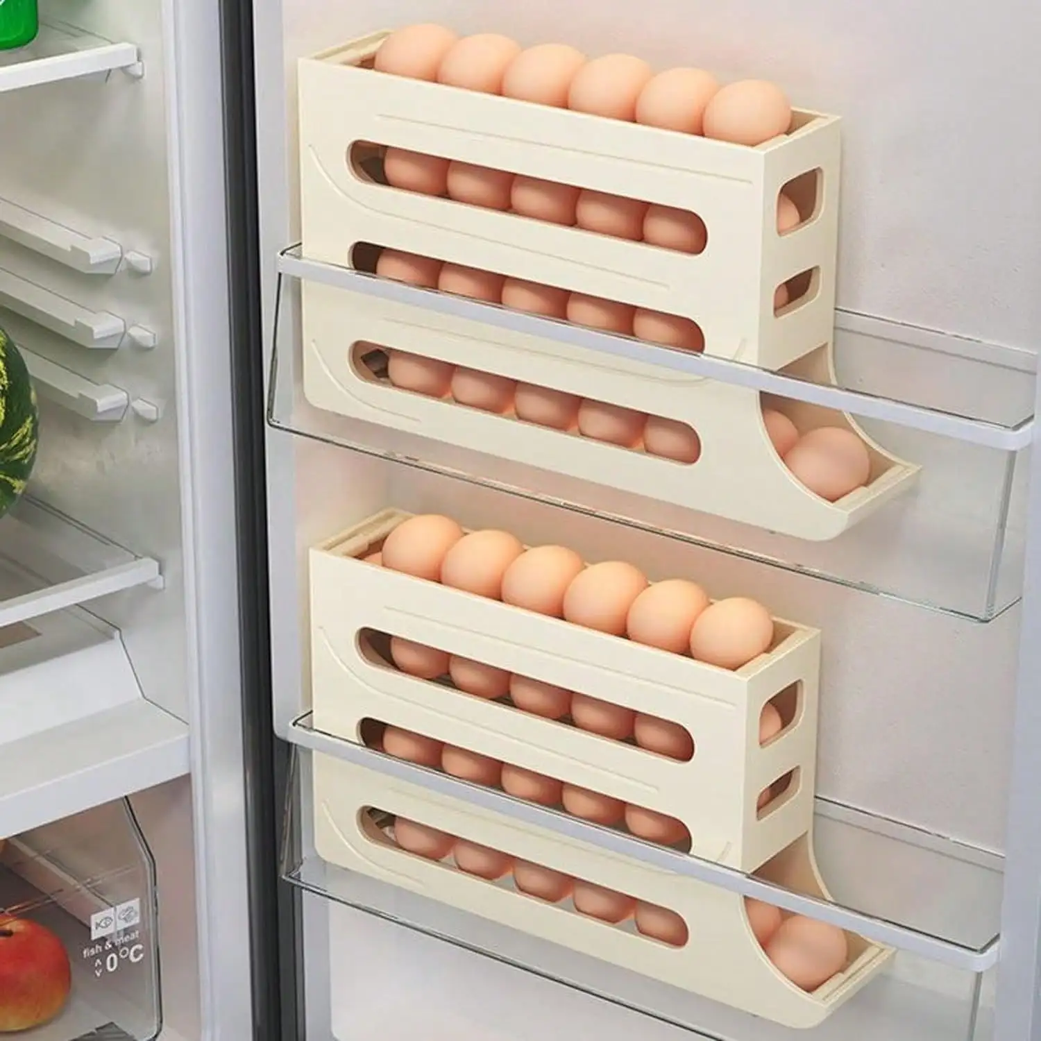 30 Eggs Refrigerator Holder - Automatic Rolling Refrigerator Egg Organizer, Space Saving Egg Dispenser Holder, 4 Tier Refrigerator Egg Holder, Large Capacity Egg Dispenser For Refrigerator Kitchen Storage Holiday Gift